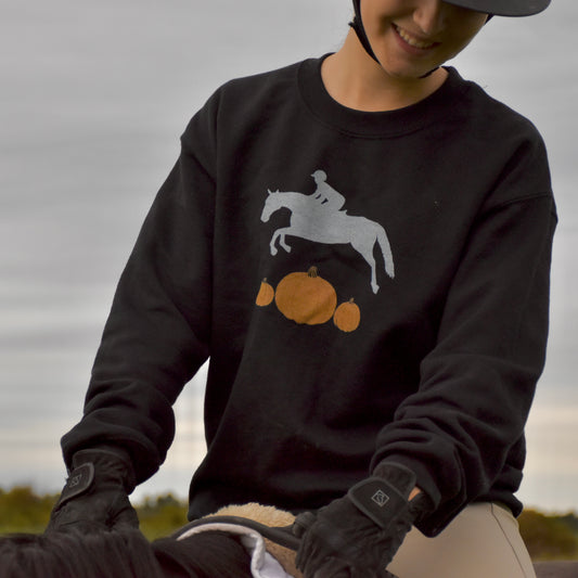 girl on horse in black Jumping Pumpkins Crewneck sweater